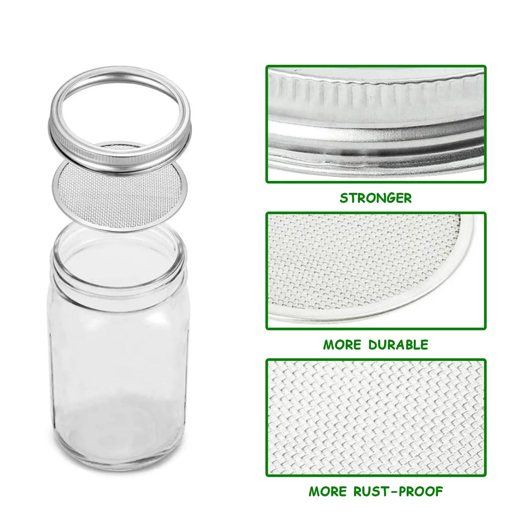 Kit de tarro para germinar semillas, kit duradero para cultivar brotes de frijol de vidrio con tapas de germinación de acero inoxidable, soportes y paños para sombrear
