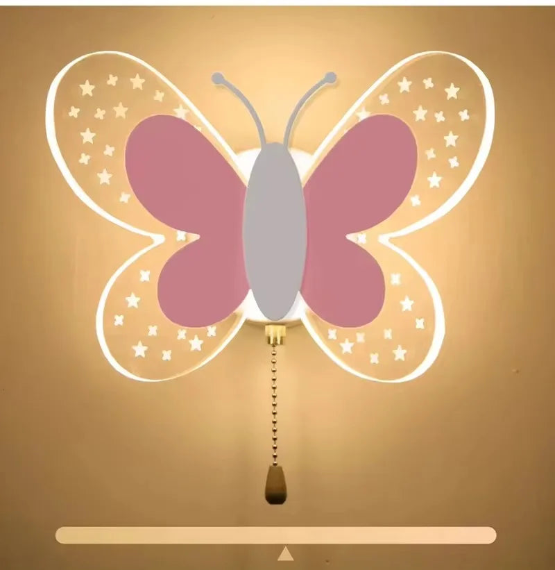 Lámpara de pared mariposa creativa para habitación infantil, apliques de pared rosa con interruptor de cordón, luces decorativas para mesita de noche, pasillo interior