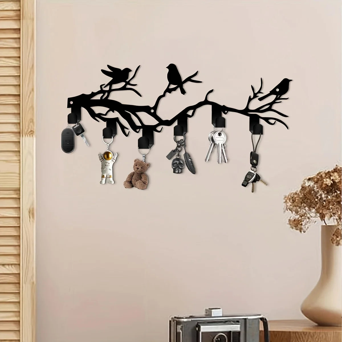 1pc Bohemian Black Metal Bird on Branch Wall Hook - Heavy-Duty Hot Iron Key Holder with Bird Silhouettes (Crows/Sparrows)