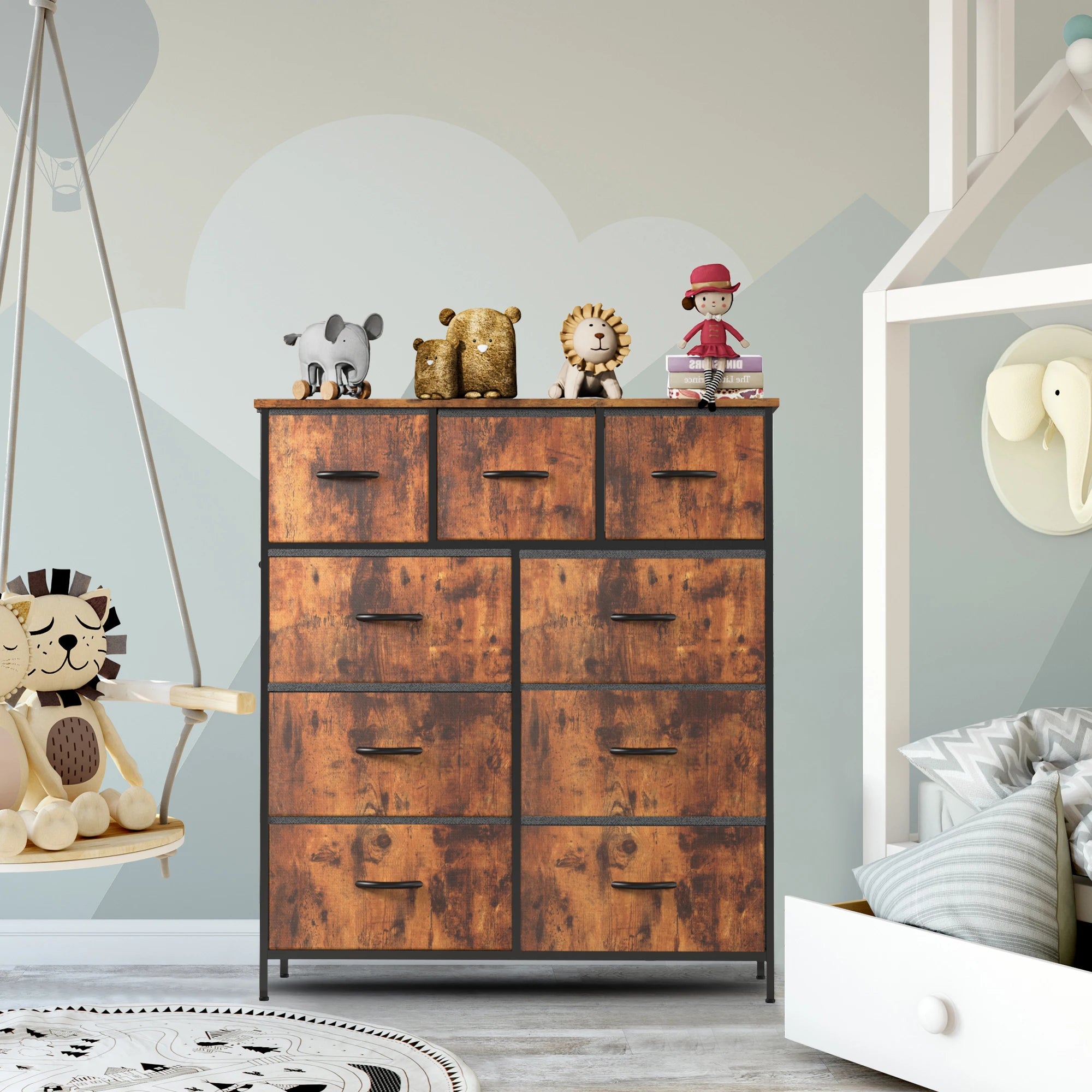 JHK Cómoda para dormitorio con 9 cajones de tela, armario alto, organizador de almacenamiento, armario para ropa de adultos y niños, muebles