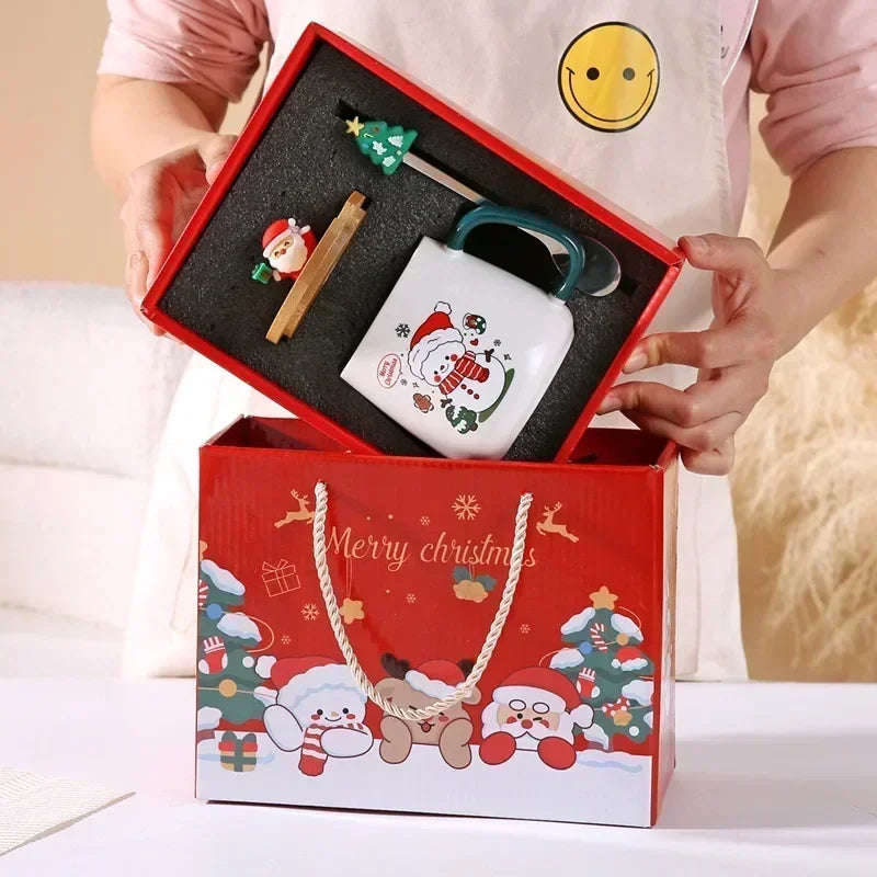 New Year Festive Christmas Xmas Theme Ceramic Mug Cup Set with Lid and Spoon Christmas Gift Box Mug Coffee Milk Tea Breakfast