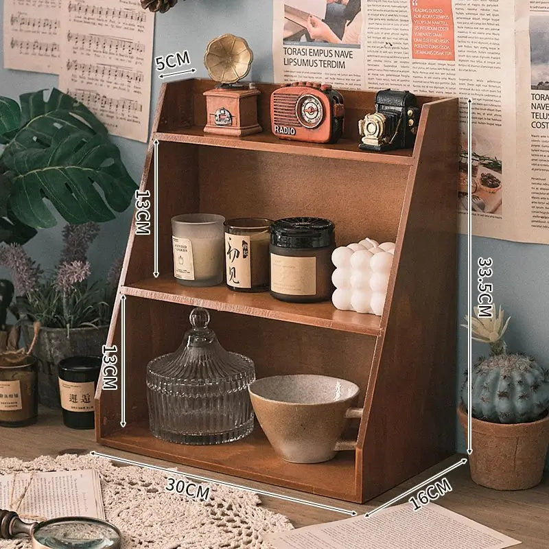 Estante de almacenamiento de cosméticos de madera maciza, organizador multifuncional de escritorio, caja de almacenamiento de muestras de tazas, estante de almacenamiento retro de madera multicapa