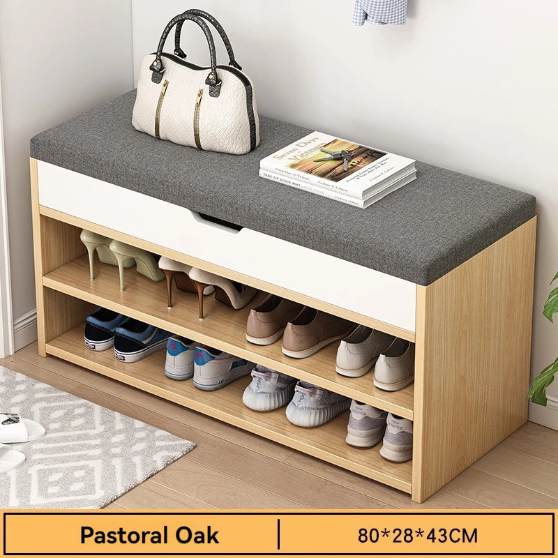 Panel de entrada, vestíbulo, taburete para calzado, entrada con asiento, taburete largo, zapatero, zapatero integrado