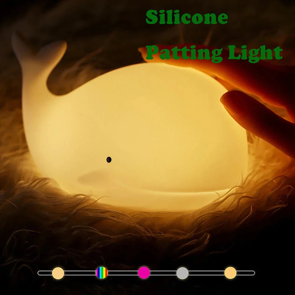 Luz de noche de ballena de dibujos animados de silicona suave para decoración de habitación infantil, lámpara de dormir recargable USB para niños, Dropshipping