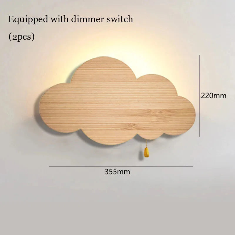 Lámpara de pared de nube con vetas de madera e interruptor regulador de intensidad LED, luz de pared para habitación infantil, guardería, dormitorio, lámparas de pared junto a la cama