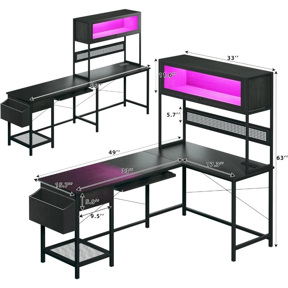 Escritorio para juegos en forma de L con tomas de corriente y luces LED, escritorio de computadora reversible de 49 pulgadas con estante superior, tablero perforado y vitrina