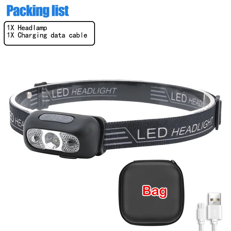 Mini linterna frontal LED, recargable por USB, con sensor de onda, linterna frontal para exteriores, lámpara doméstica para acampar, senderismo, emergencias, pesca