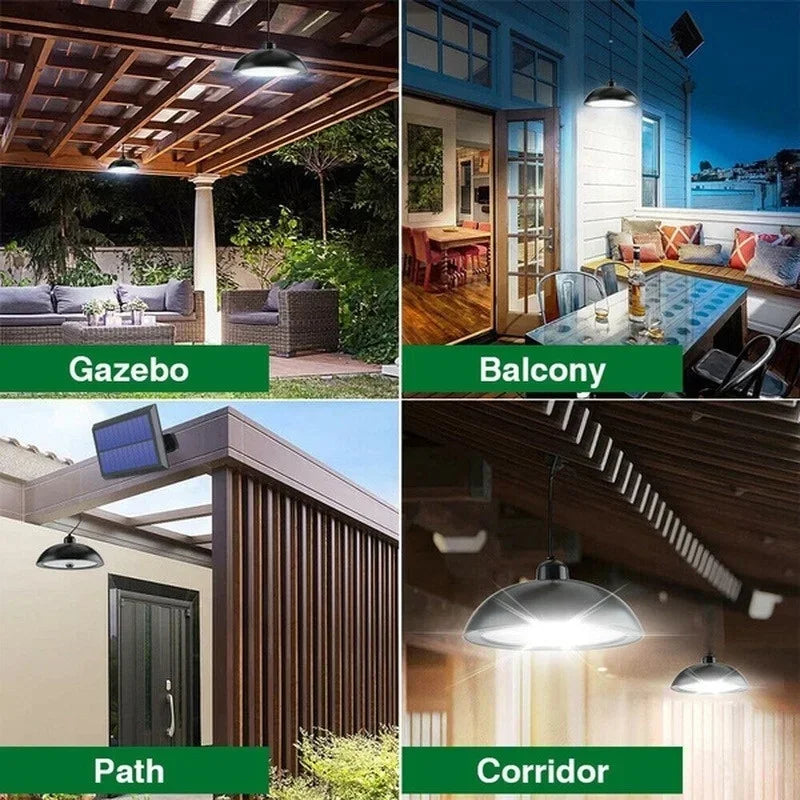 Lámpara colgante de doble cabeza LED solar para exterior, impermeable, con control remoto, para cobertizo interior, granero, tejado