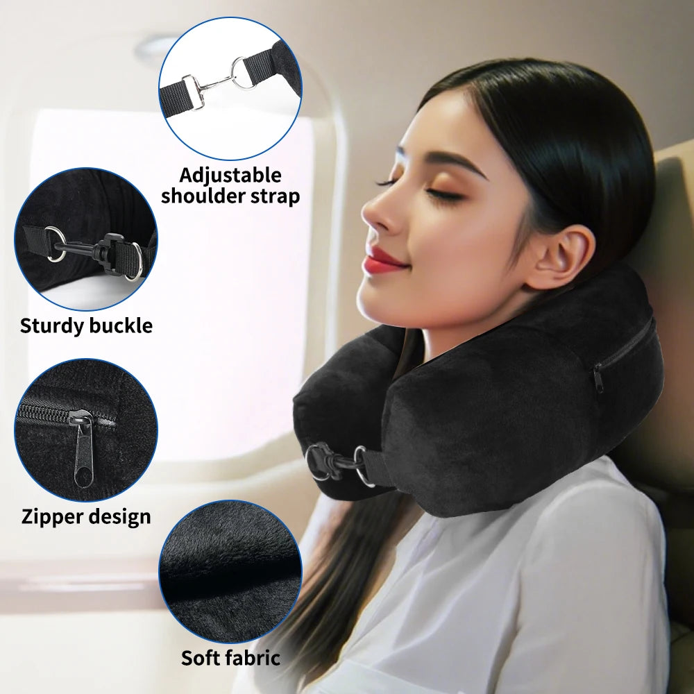 Almohada de viaje para cuello con funda en forma de U rellenable con ropa, bolsa de almacenamiento adicional, funda de almohada de terciopelo para viajes en avión