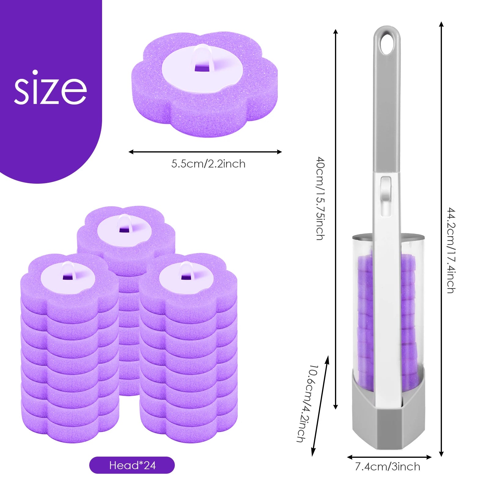 Kit de varita para inodoro, juego de escobilla de baño montado en la pared con 24 cabezales de repuesto, herramienta de limpieza efectiva para el baño 360° para el hogar