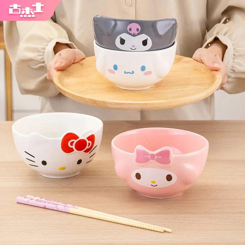 For Sanrio 5Inches Ceramic Rice Bowls Home Cute for Melody& Cinnamoroll& Kuromi Tableware Cartoon Anime Relief Bowl for Children