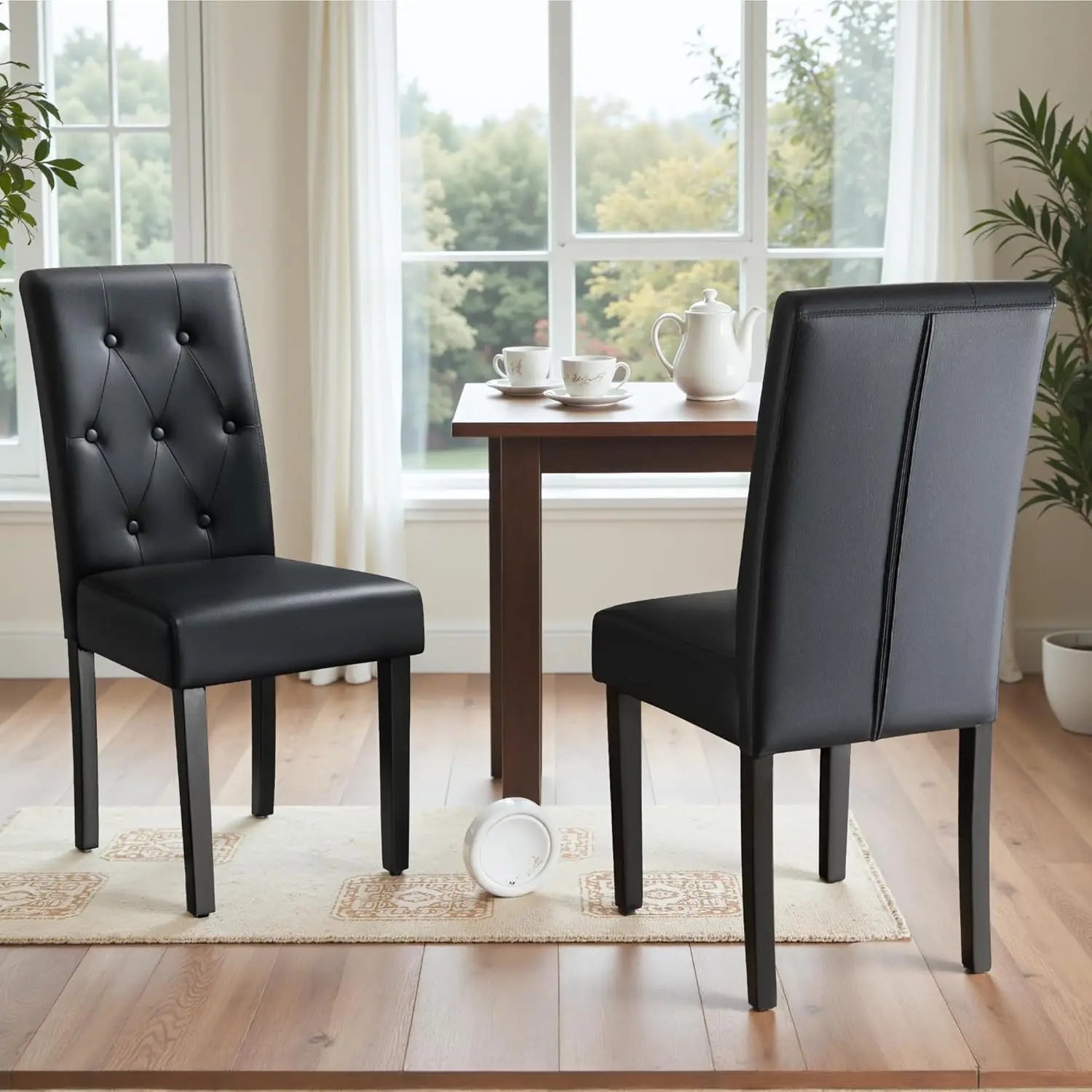 Juego de 4 sillas de comedor tapizadas, sillas de comedor de cuero sintético, sillas de cocina con botones y patas de madera ajustables