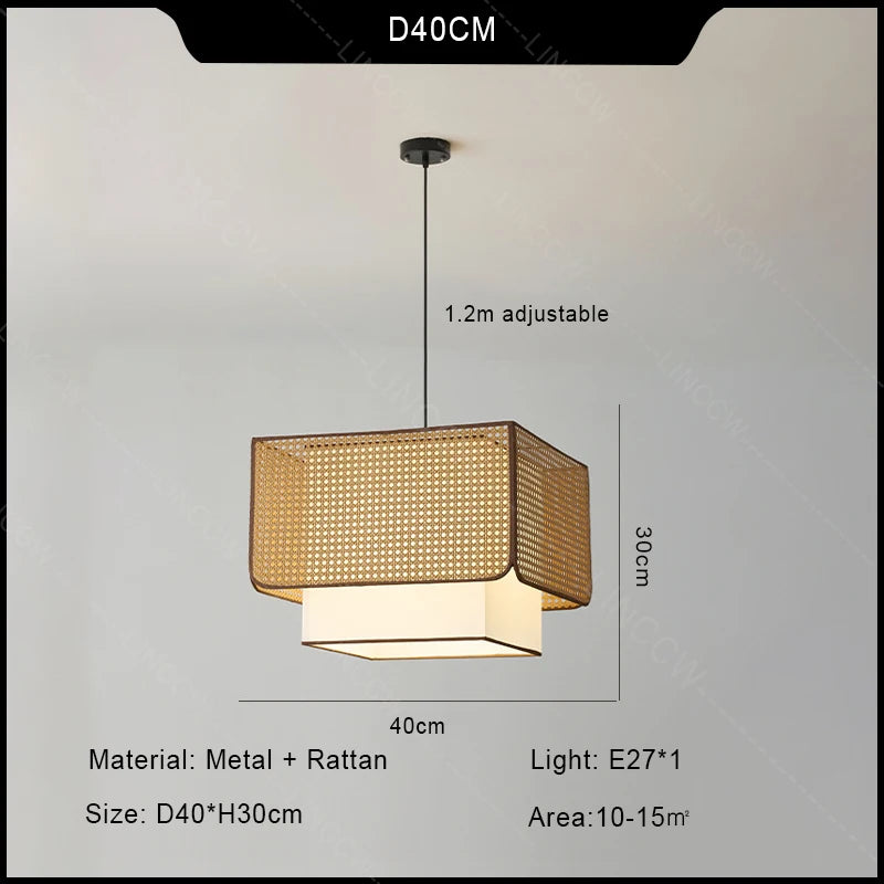 Lámpara colgante de ratán rústico retro para restaurante Wabi Sabi E27 Led, candelabro cuadrado para mesa de centro, accesorios de decoración para mesa de comedor