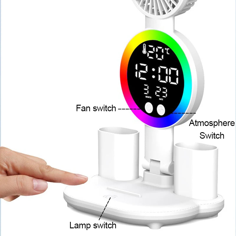 Lámpara de mesa LED recargable para estudio, luz de lectura, luz nocturna LED con ventilador, reloj LED, luz de escritorio de lectura