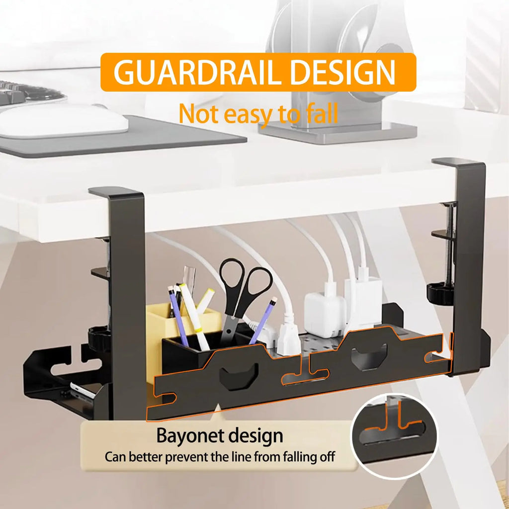 No Drilling Extendable Under Desk Cable Management Metal Cable Tray Under Desk With Clamp Retractable Power Strip Cord Holder