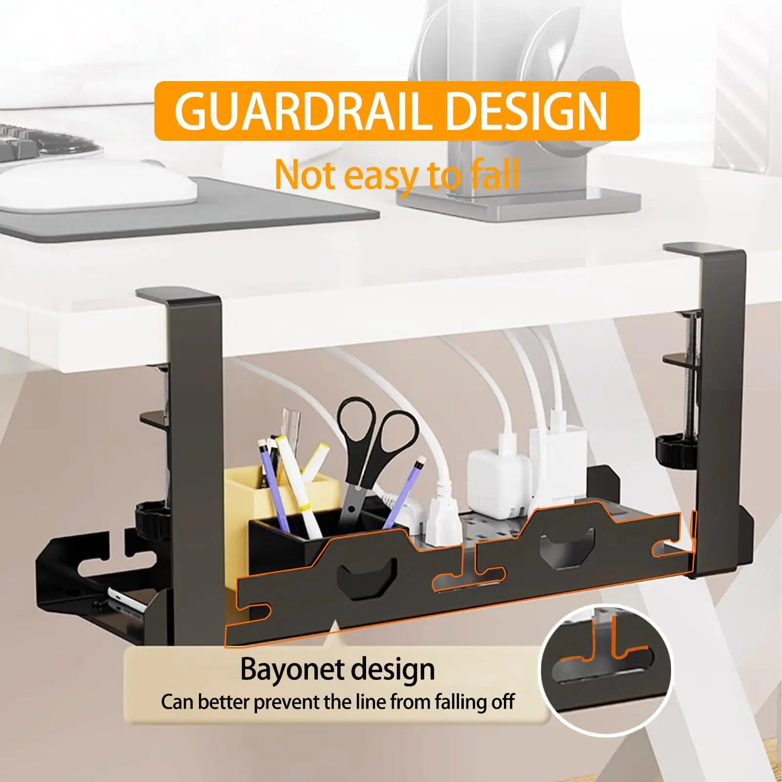 Organizador de cables extensible sin perforaciones para debajo del escritorio, bandeja de cables de metal para debajo del escritorio con abrazadera, soporte retráctil para regletas y cables