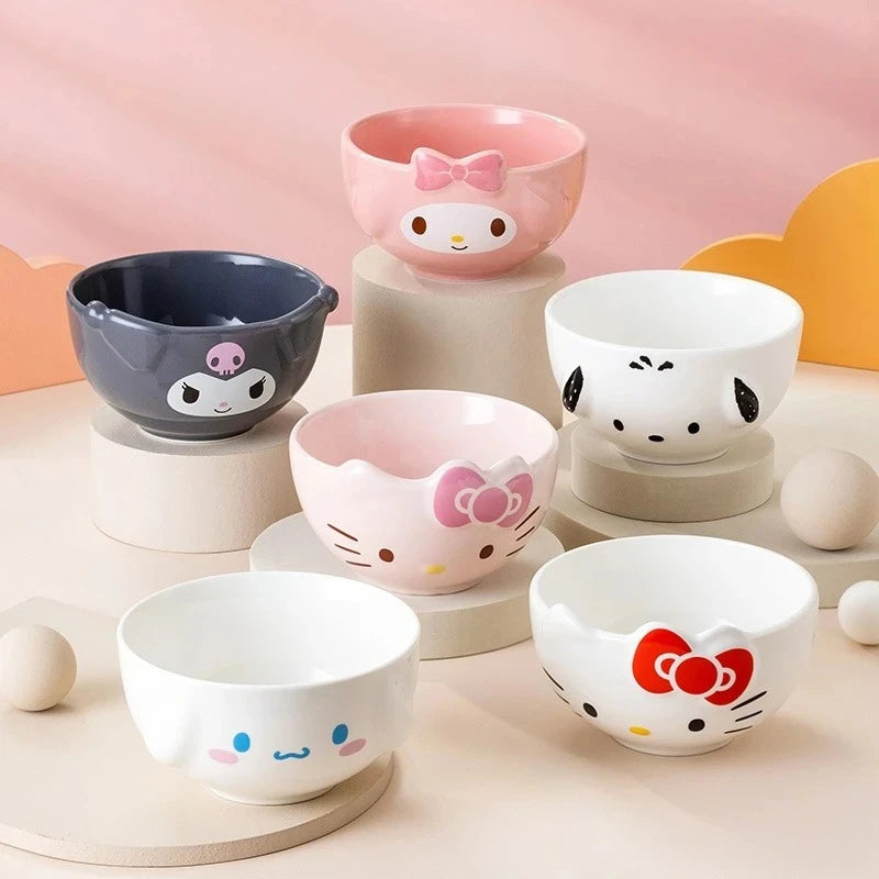 For Sanrio 5Inches Ceramic Rice Bowls Home Cute for Melody& Cinnamoroll& Kuromi Tableware Cartoon Anime Relief Bowl for Children