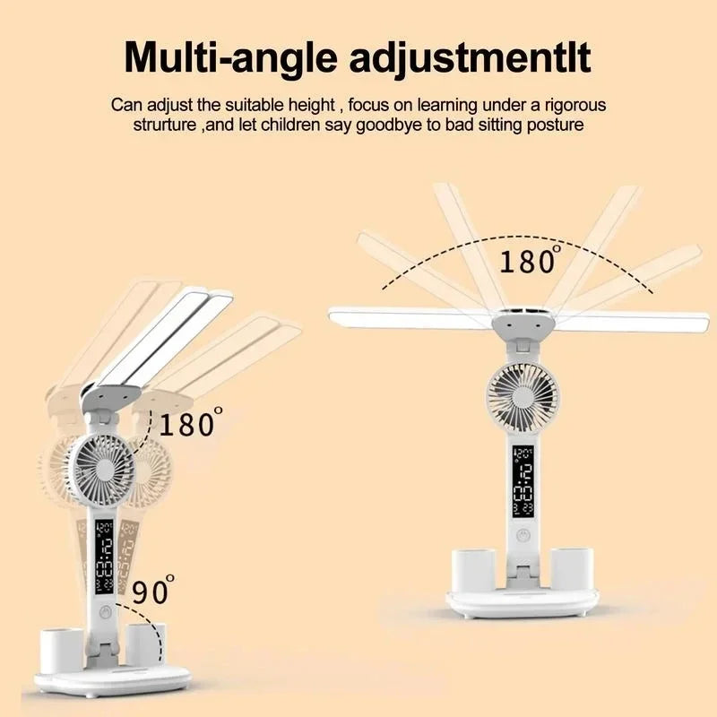 Lámpara de escritorio LED, ventilador portátil plegable, lámpara con reloj de pantalla inteligente, lámpara de escritorio recargable por USB, luz de escritorio para lectura y estudio con protección ocular.