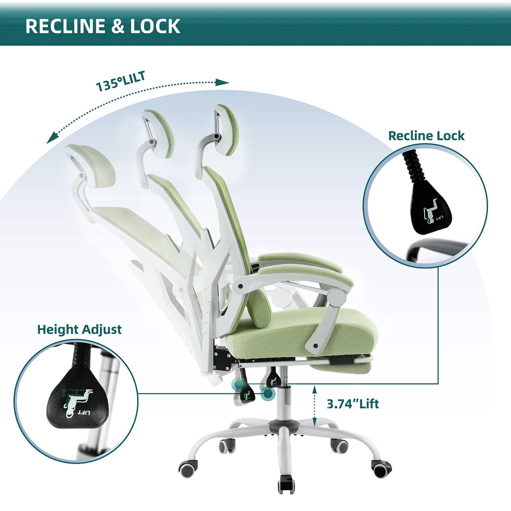 JHK Silla de Juego Reclinable Ergonómica de Malla de Respaldo Alto para Sala de Estar con Balancín, para Ordenador, Giratoria con Ruedas y Cojín de Soporte Lumbar
