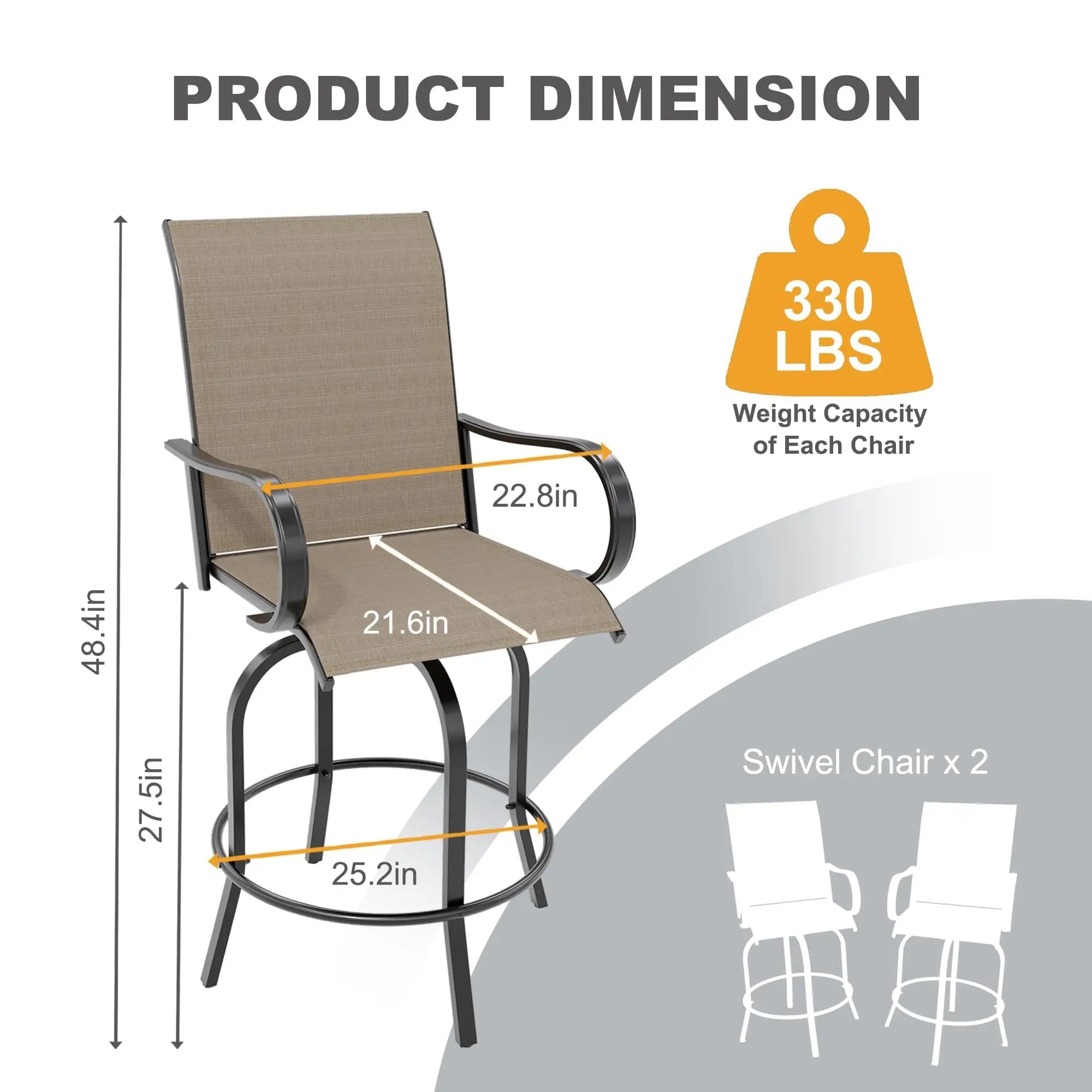 Juego de 2 taburetes de bar giratorios para todo tipo de clima, sillas de exterior de altura de encimera con rotación de 360° con respaldo alto y apoyabrazos para patio