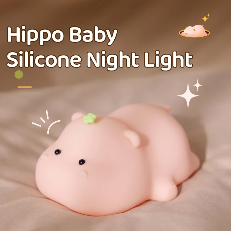 Luz de noche de hipopótamo rosa, linda luz de noche de silicona, carga USB, control táctil, lámpara de palmada, decoración de escritorio, lámpara de noche para niños, regalo