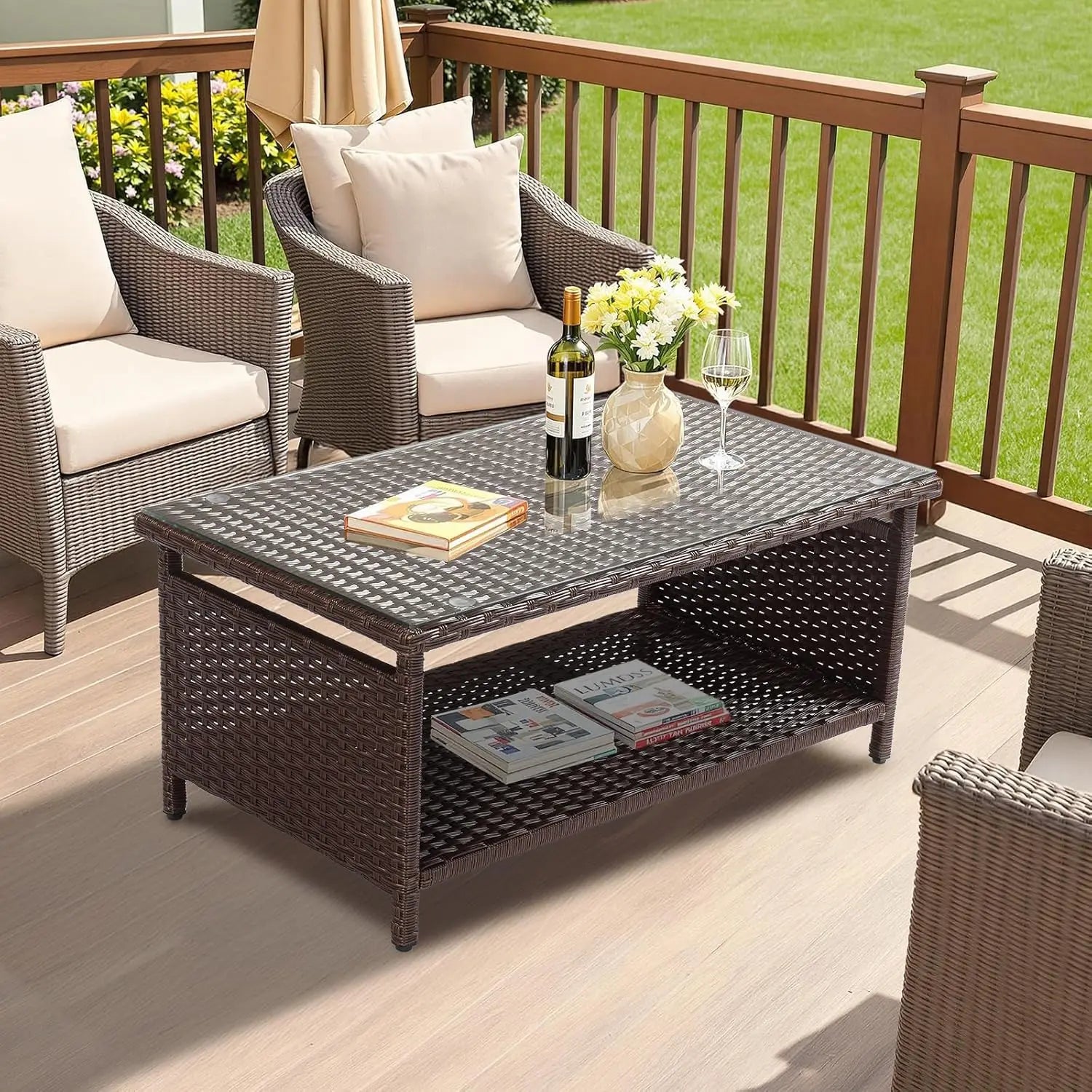 Mesa de centro de mimbre para exteriores, mesas de centro de patio para exteriores, mesa de mimbre con parte superior de vidrio templado con mesa de centro de almacenamiento para patio