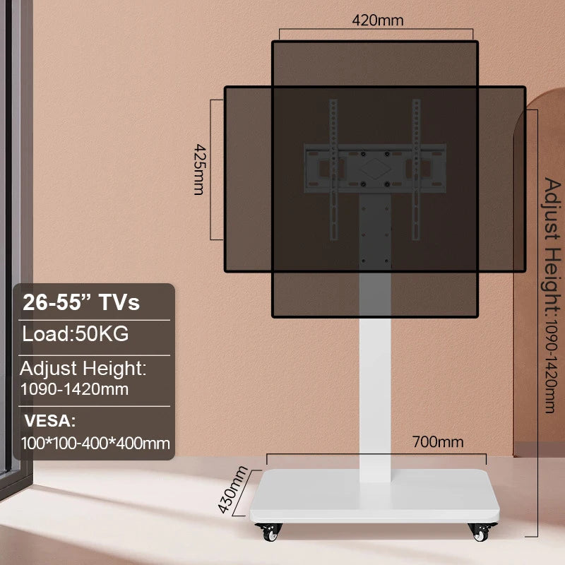 Mueble de TV de pie con toma de corriente, soporte de TV universal para televisores de 26 a 65 pulgadas de hasta 110 libras, soporte de TV ajustable en altura con giro