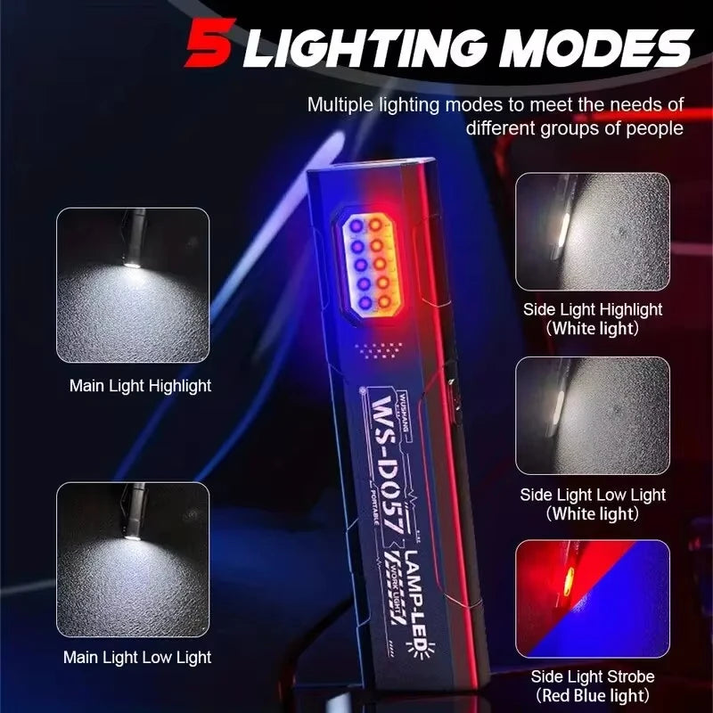 Potente Linterna EDC de 550 lúmenes recargable por USB-C, antorcha portátil con luces COB rojas y azules, linterna portátil para exteriores con clip para bolígrafo