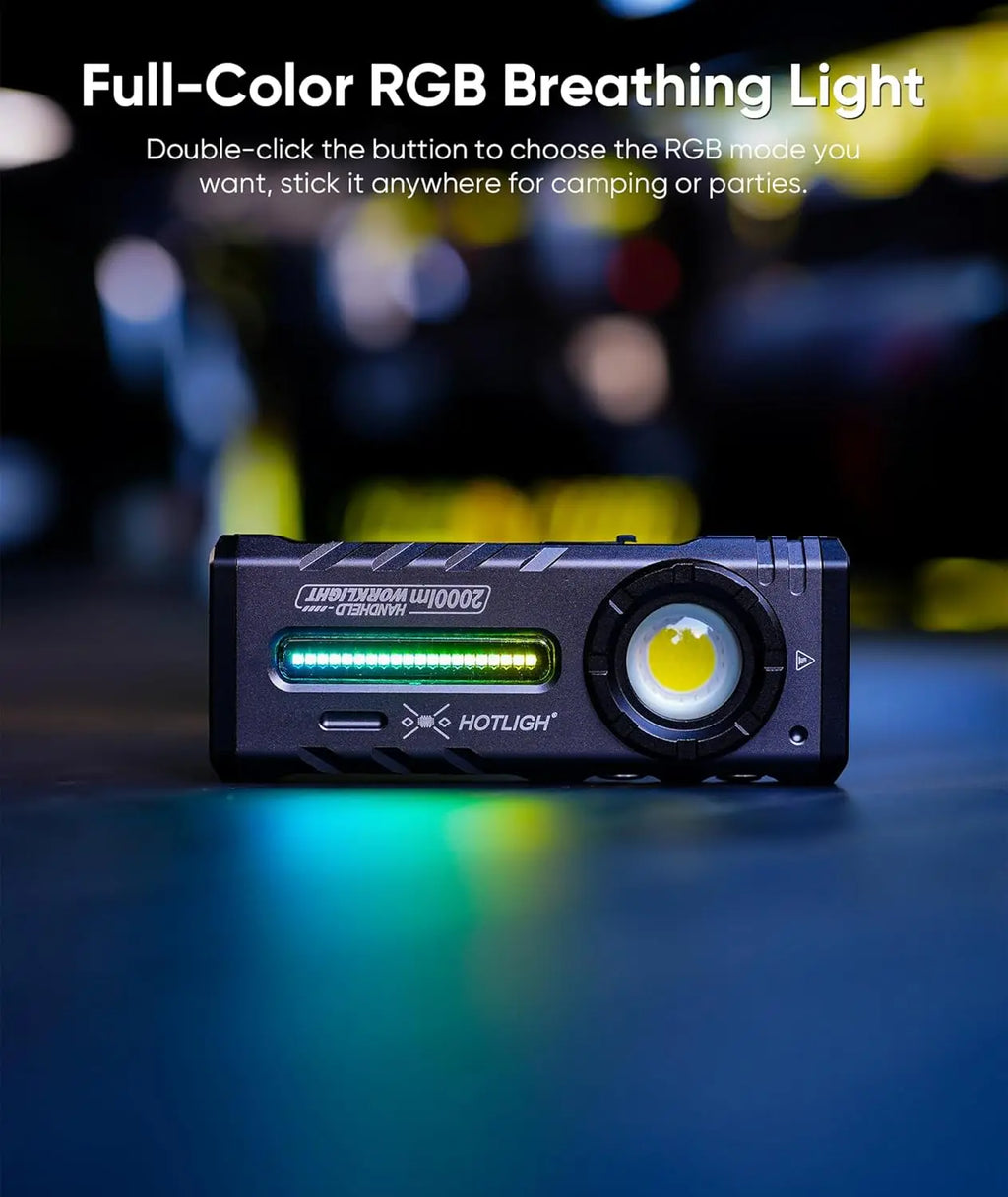 Linterna magnética recargable, 2000 lúmenes con luz RGB y UV para uso exterior