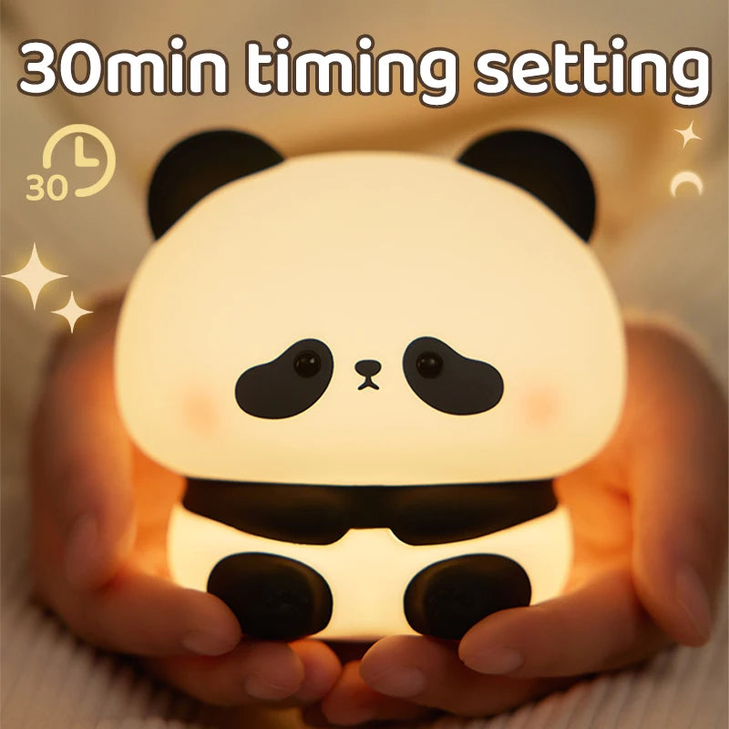 Luz nocturna LED de panda, bonita lámpara nocturna de silicona, recargable por USB, lámpara de noche táctil para dormitorio con temporizador, decoración, regalo para niños