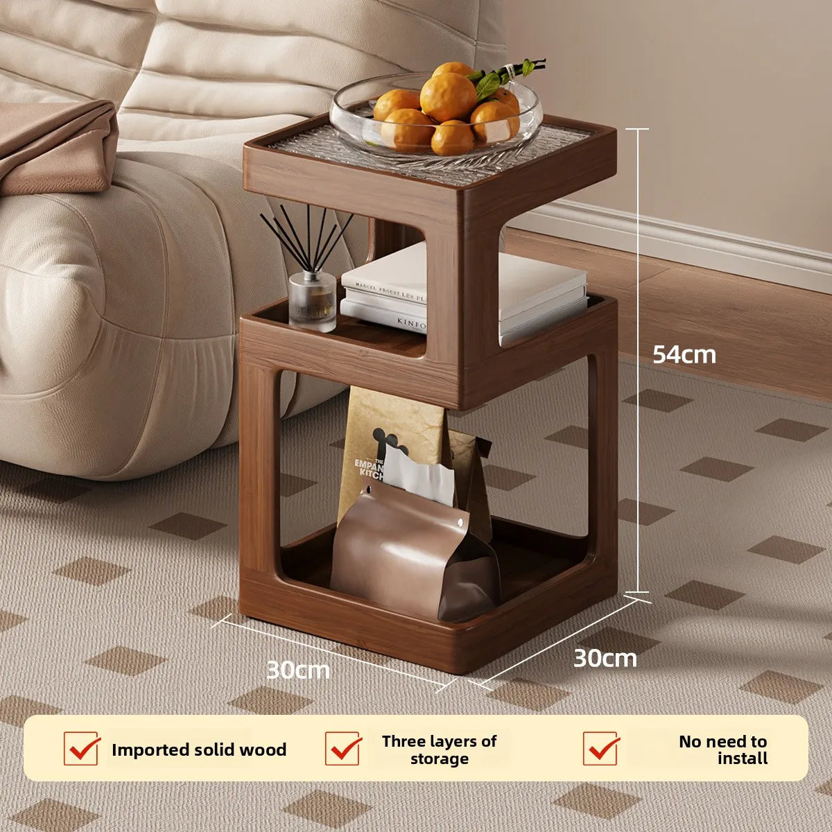 Mesita de noche de madera maciza, almacenamiento de mesita de noche para dormitorio, borde de sofá para el hogar