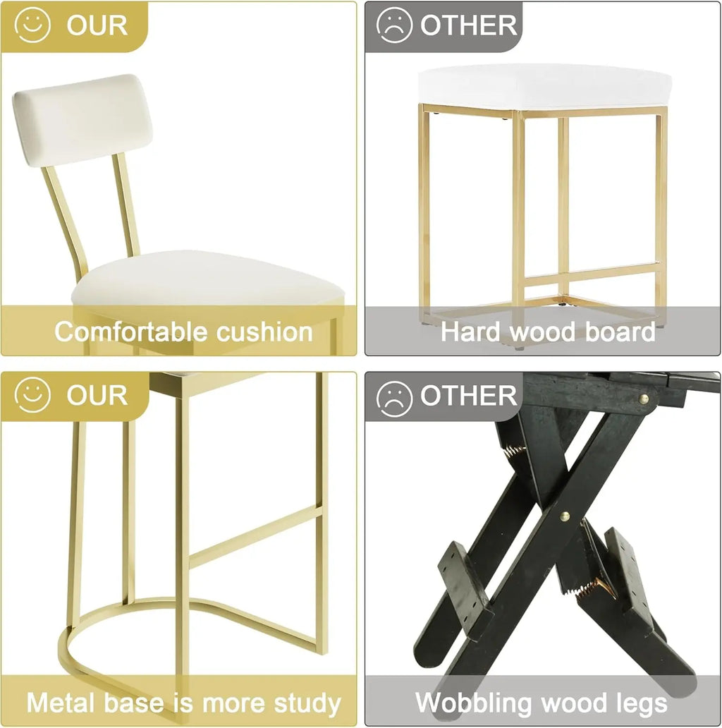 Juego de 2 taburetes de bar de altura de mostrador con respaldo, estructura de metal y asiento tapizado, taburetes altos para isla de cocina, comedor de casa