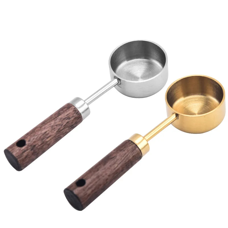 Cuchara medidora de acero inoxidable de 15 ml, cuchara de café con mango de madera para azúcar, polvo, granos de café, utensilios de cocina.