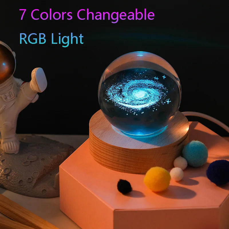 Lámpara de bola de cristal 3D única con proyecciones de galaxias y planetas, luz nocturna USB, RGB, 7 colores, regulable, luces de ambiente, regalo