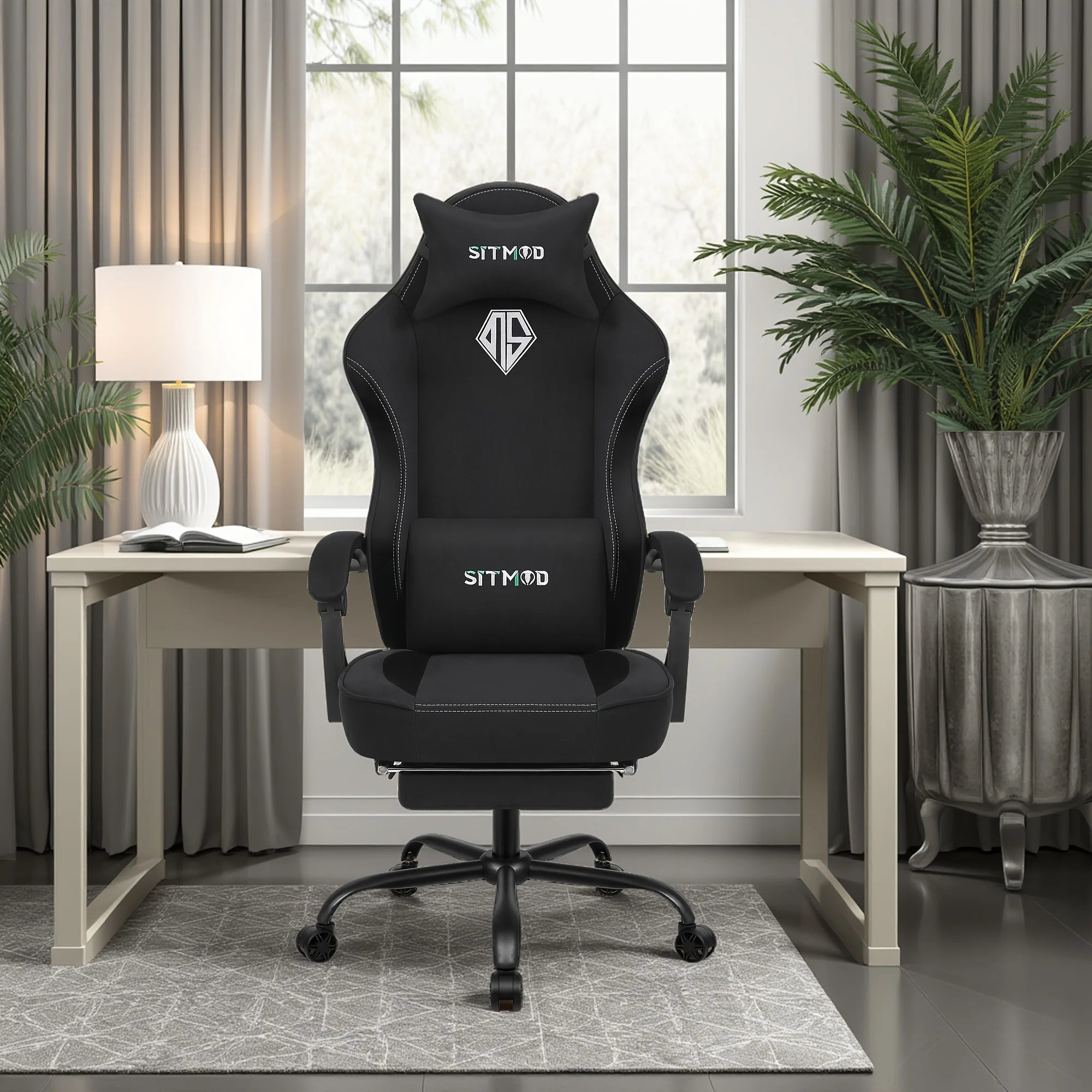 Silla gaming con ajuste de altura y giro de 360° - Silla de ordenador con reposapiés y soporte lumbar, reposacabezas para oficina o gaming