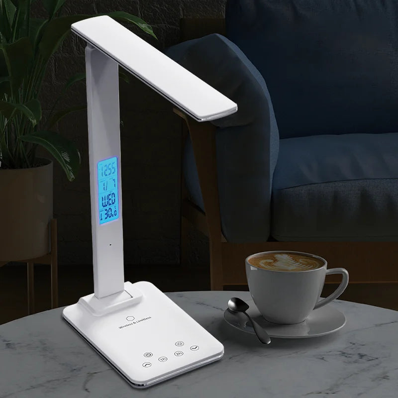 Lámpara de Escritorio Plegable para Leer con Enchufe USB, Lámpara de Escritorio de 15W con Carga Inalámbrica para Teléfono Móvil, con Temporizador, Luz de Protección Ocular para Dormitorio y Oficina