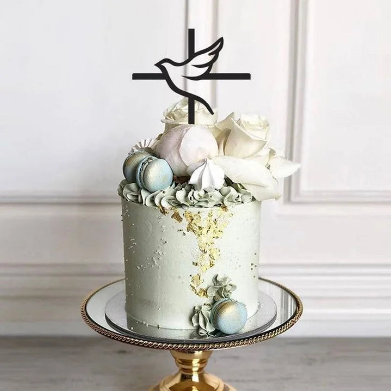 2025 Cristo Cruz Tarta de Cumpleaños Topper Acrílico Dorado Paloma Cruz Eucaristía Fiesta de Bautismo Comunión Topper de Pastel de Bautismo Decoración