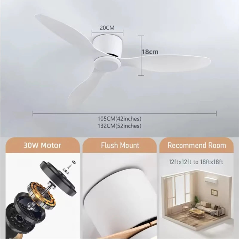 Ventiladores de techo modernos sin luz, motor DC, control remoto, ventiladores de enfriamiento, ventilador de techo de perfil bajo, ventilador silencioso grande para el hogar AC95-260V