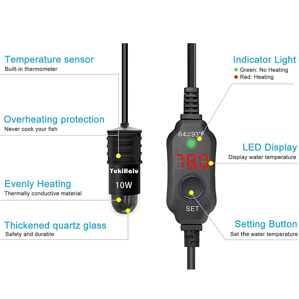 Calentador de acuario mini de 10W para peceras pequeñas, calentador de temperatura constante con pantalla digital, varilla de calentamiento USB ajustable de 5V/2A