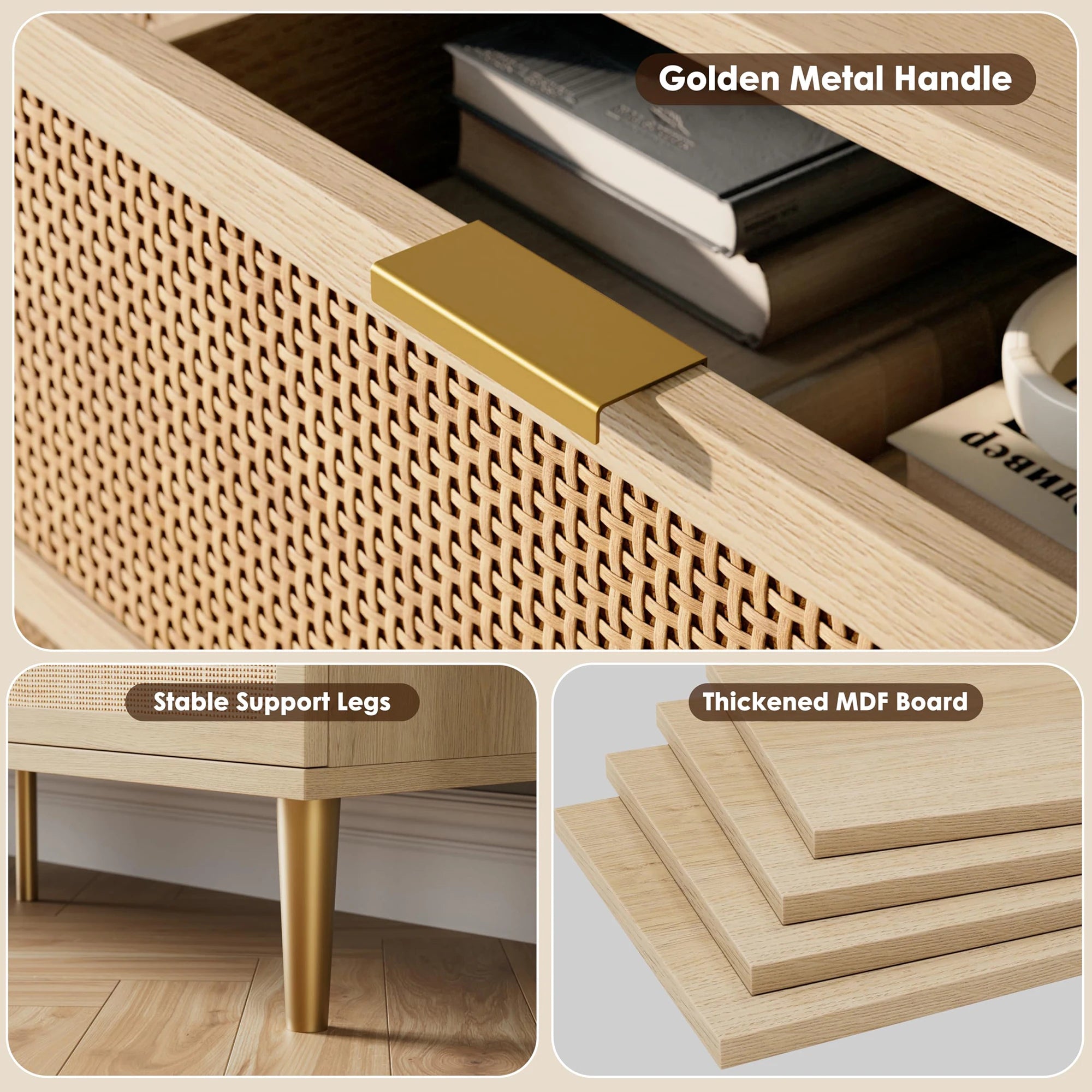 Cómoda de ratán de 6 cajones, cómoda de almacenamiento grande de ratán natural tejido a mano y madera con cajones profundos para dormitorio o sala de estar