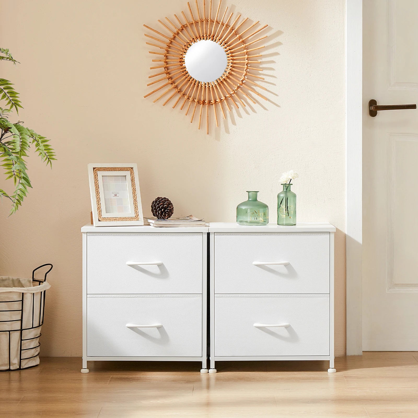 Mesita de noche JHK, mesa auxiliar para café/té junto al sofá, cómoda/cajonera, armario de almacenamiento/expositor de ropa para dormitorio con 2 cajones de tela, mueble