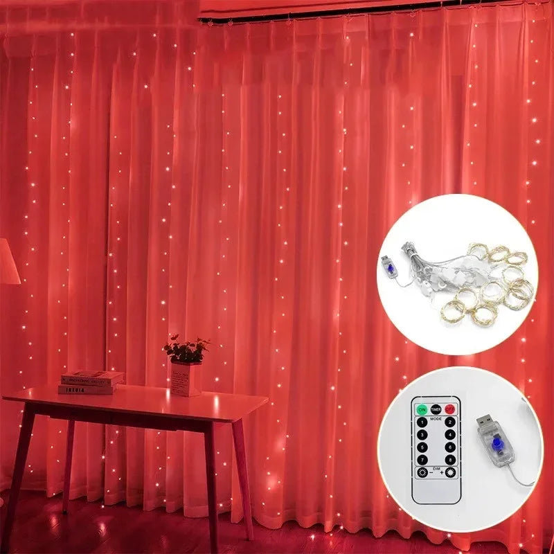 Luces de hadas LED tipo cortina de guirnalda 3M, luces de cadena, fiesta de Navidad, boda, decoración, USB, control remoto, 8 modos, iluminación de cascada