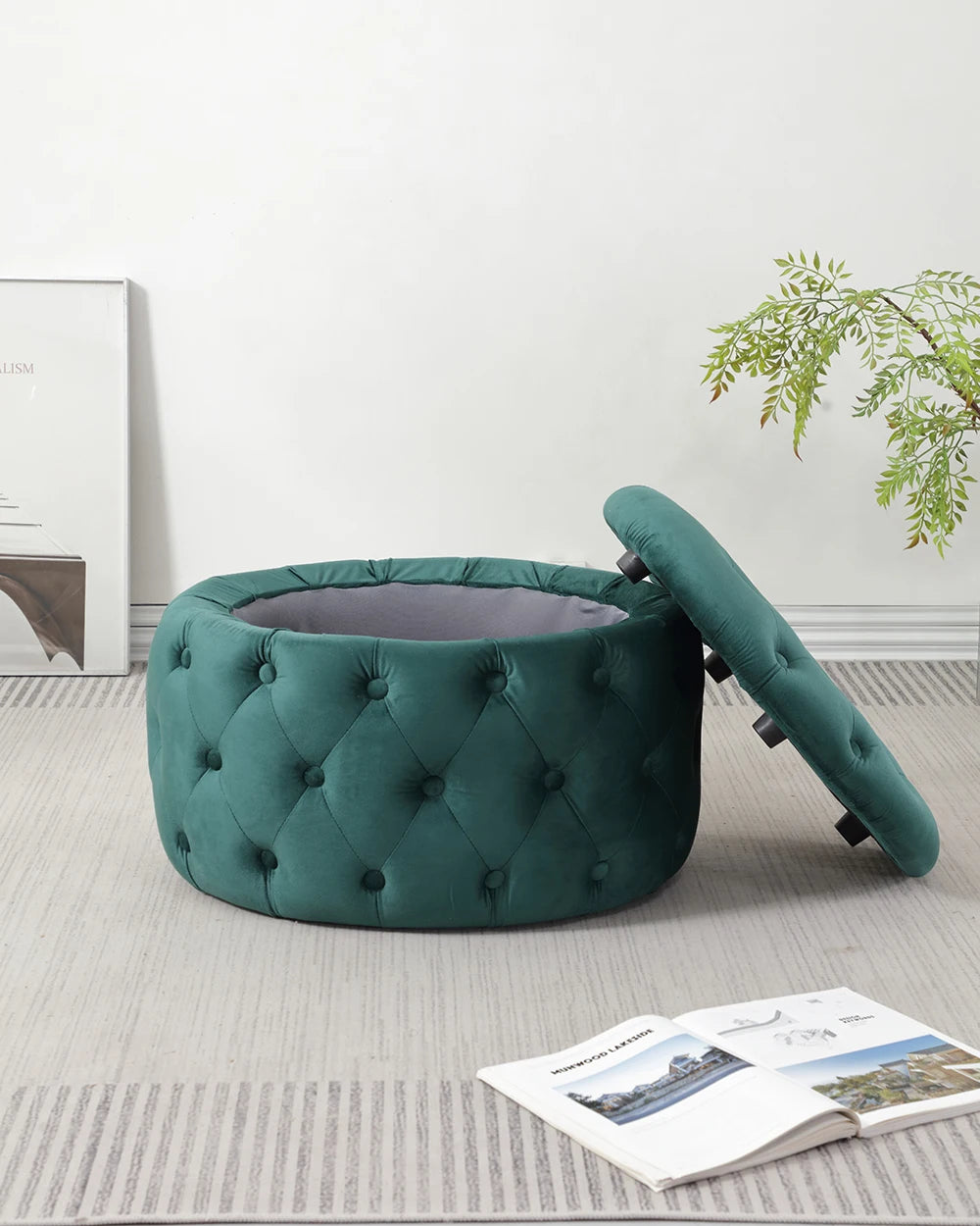 Puf otomano ovalado de terciopelo con capitoné moderno - Taburete reposapiés multifuncional con espacio de almacenamiento oculto para sala de estar o dormitorio