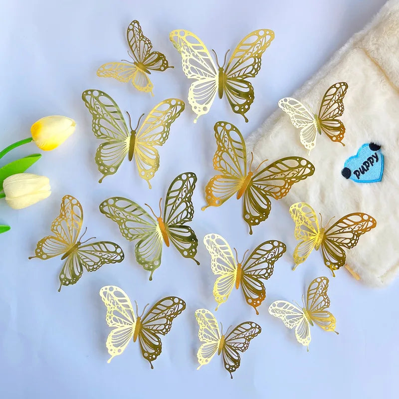 New 12pcs Happy Birthday Cake Topper Rose Gold Folding Type Butterfly Kids Party Cake Topper Dessert Decoration Baby Shower Gift