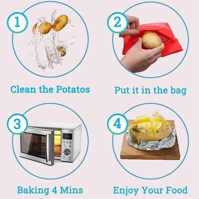Bolsa de patatas para microondas, reutilizable, cocinador de patatas express para microondas, cocinador de patatas asadas, patatas perfectas en 4 minutos, bolsa de horno roja