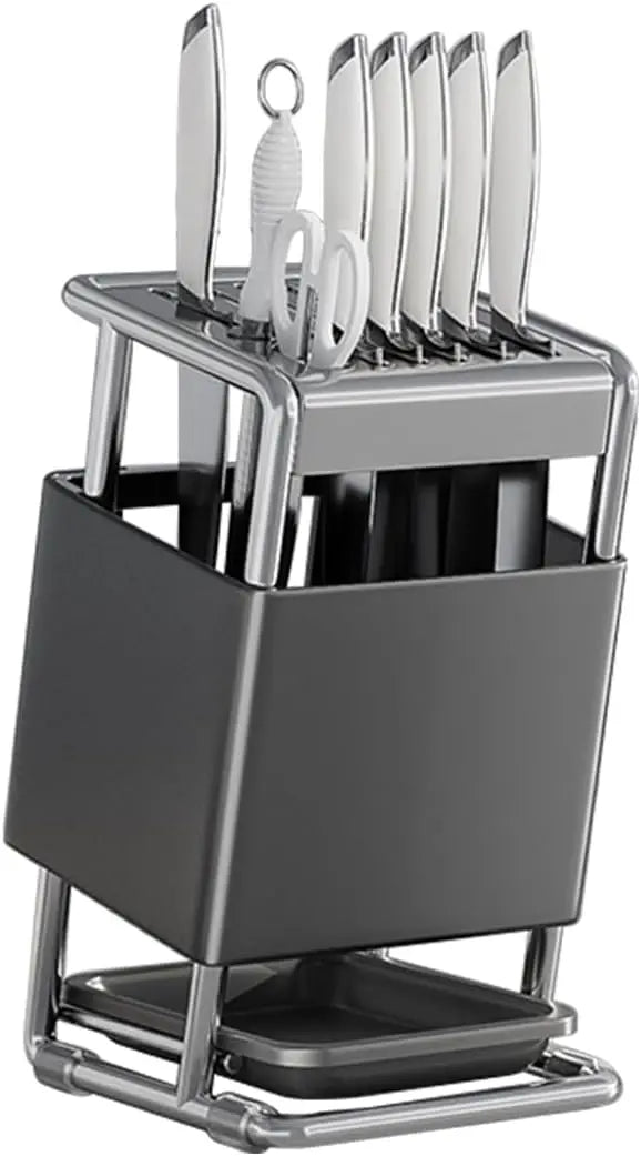 Bloque de cuchillos con bandeja de drenaje, soporte para cuchillos sin cuchillos, decoración de estante de cuchillos de almacenamiento de cocina, soporte de cuchillos inclinado