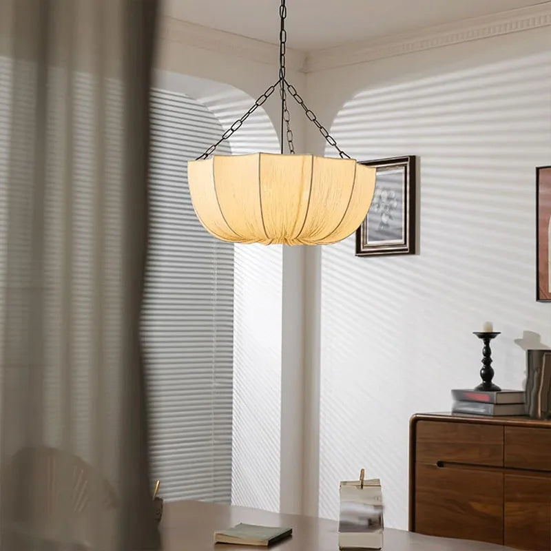 Lámpara de techo retro con cadena de hierro, candelabro japonés de tela, lámparas colgantes para sala de estar, comedor, dormitorio, luminaria colgante