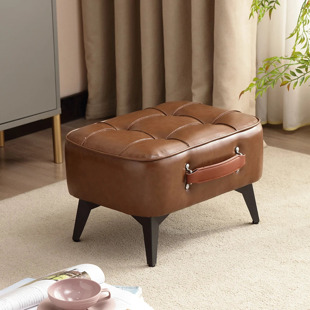 Otomana/Puf pequeño con patas metálicas estables, otomana tapizada, reposapiés acolchado, taburete pequeño rectangular de cuero sintético.