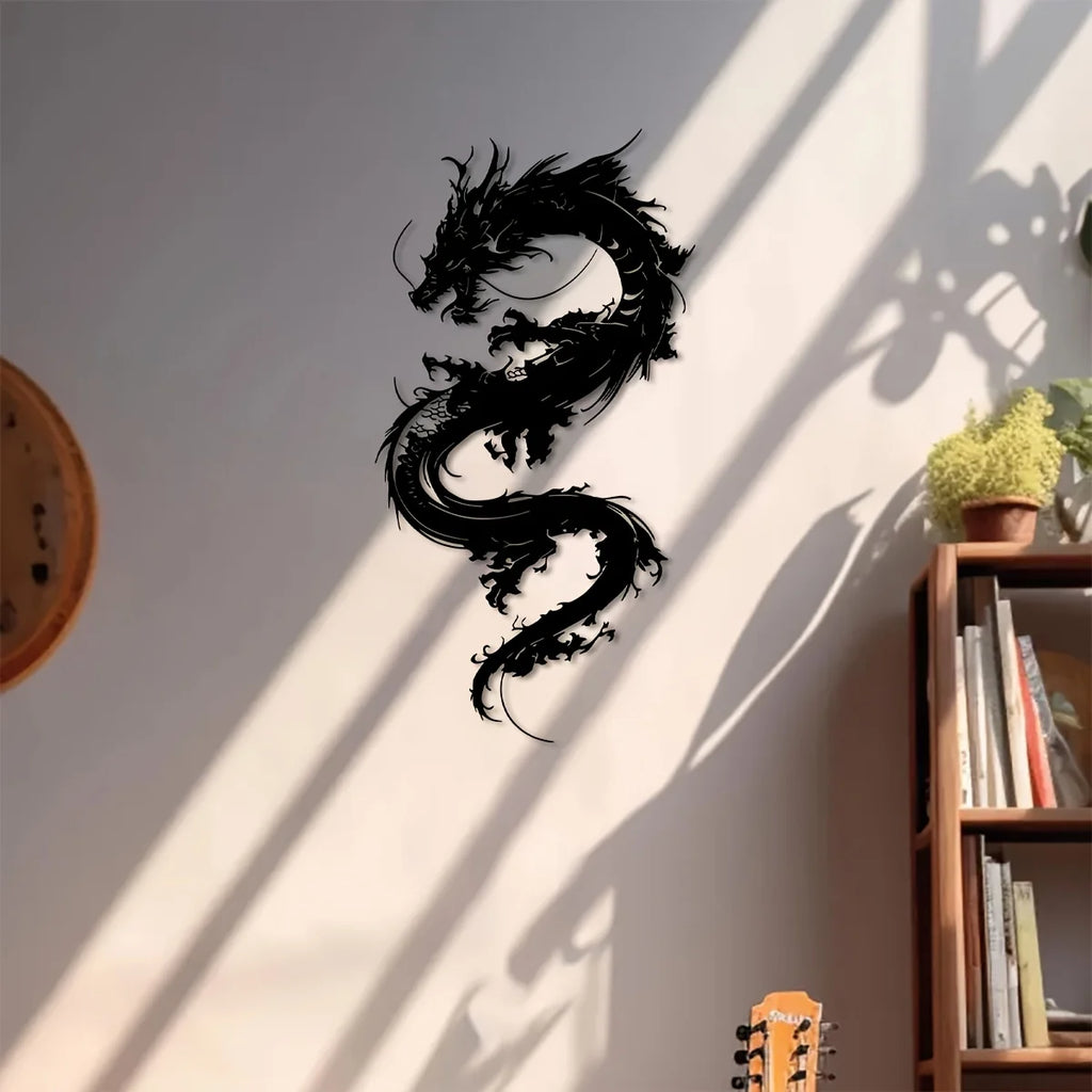 1 Escultura de Pared de Metal Dragón Oriental - Arte de Pared de Hierro Art Déco de 15.75x8.19 Pulgadas, Diseño de Dragón Negro para Hogar, Patio