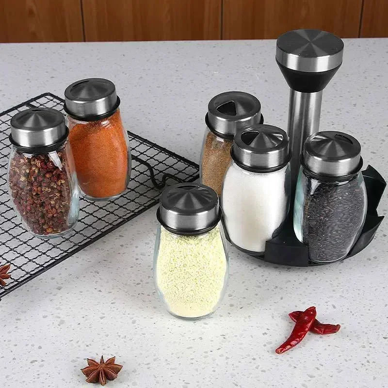 NUEVO Bote de Cristal de una Sola Botella y Juego de Frascos de Especias con Soporte de Almacenamiento para Botellas de Condimentos, Azúcar, Pimienta y Saleros para la Cocina